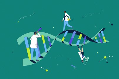 Hero Graphic - DNA Helix with Scientists